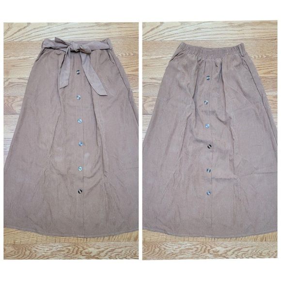 Button Down Self Tie Maxi Skirt, Camel Tan Brown, size small - Picture 5 of 8
